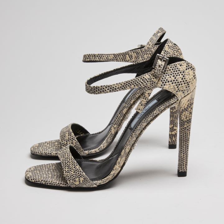 Prada Ivory & Black Python Leather Ankle Strap Sandals Size 38