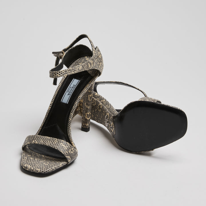 Prada Ivory & Black Python Leather Ankle Strap Sandals Size 38