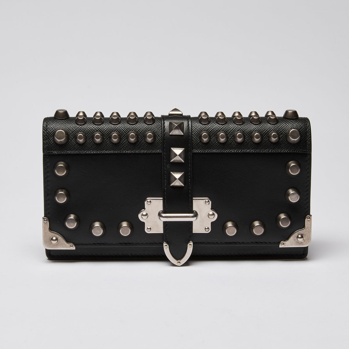 Prada Black City Calf & Saffiano Leather Studded Cahier Crossbody Wallet on Chain