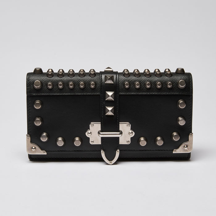 Prada Black City Calf & Saffiano Leather Studded Cahier Crossbody Wallet on Chain