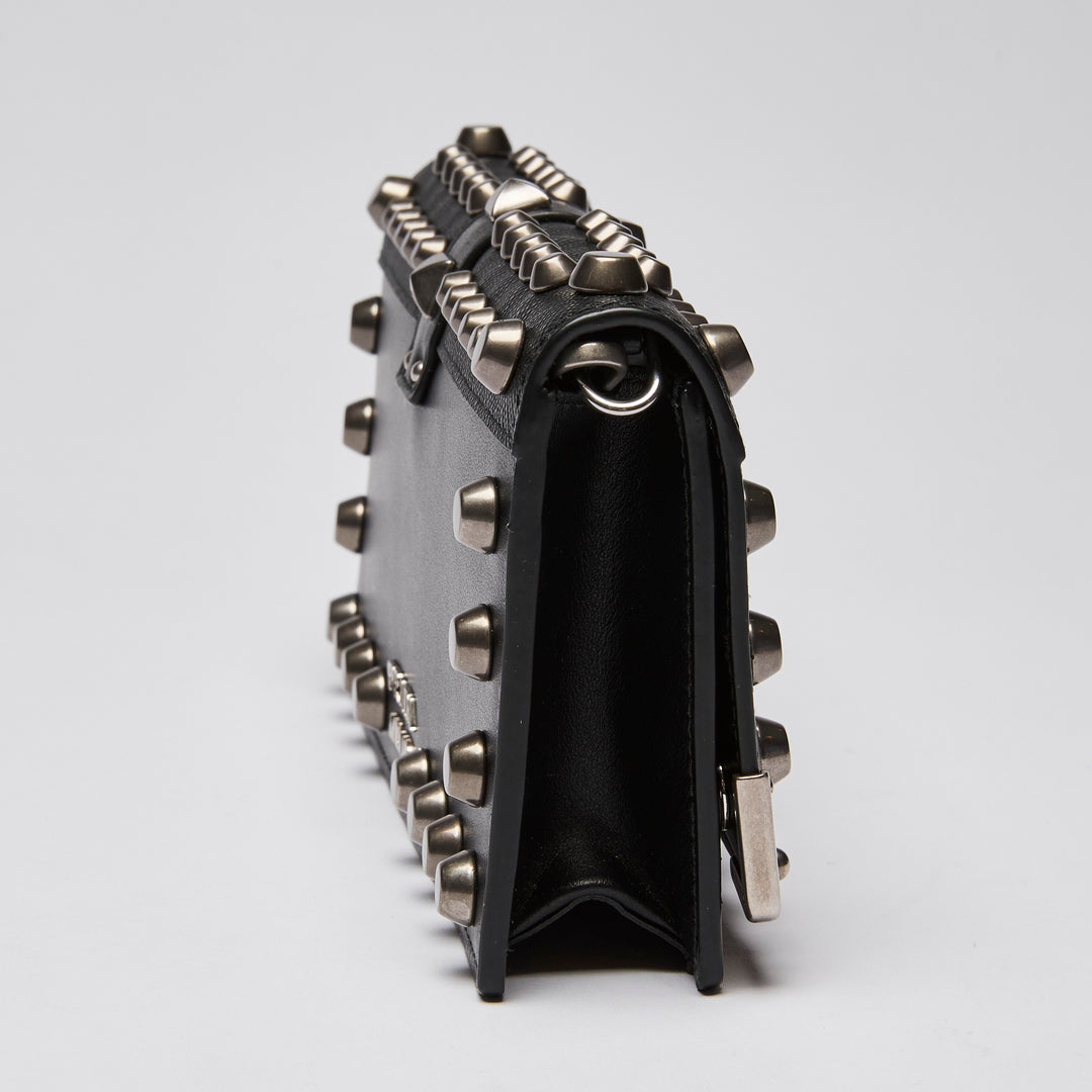 Prada Black City Calf & Saffiano Leather Studded Cahier Crossbody Wallet on Chain