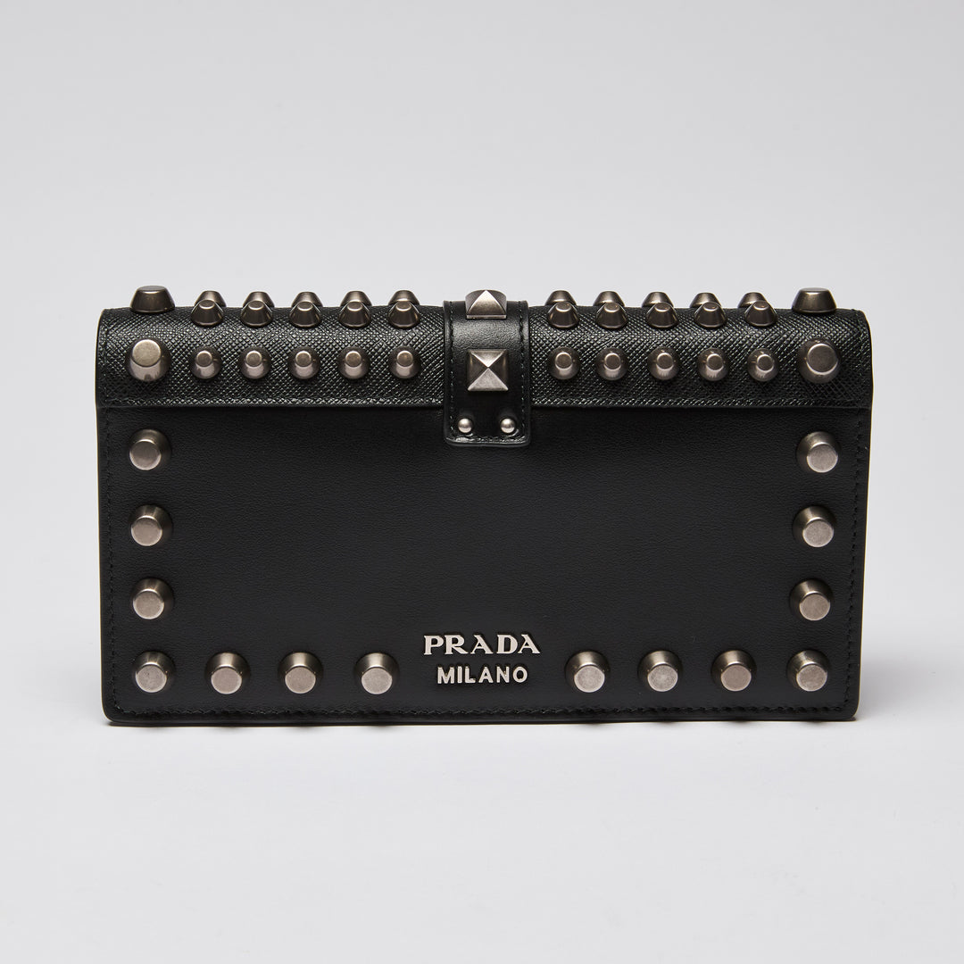 Prada Black City Calf & Saffiano Leather Studded Cahier Crossbody Wallet on Chain
