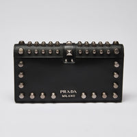 Prada Black City Calf & Saffiano Leather Studded Cahier Crossbody Wallet on Chain