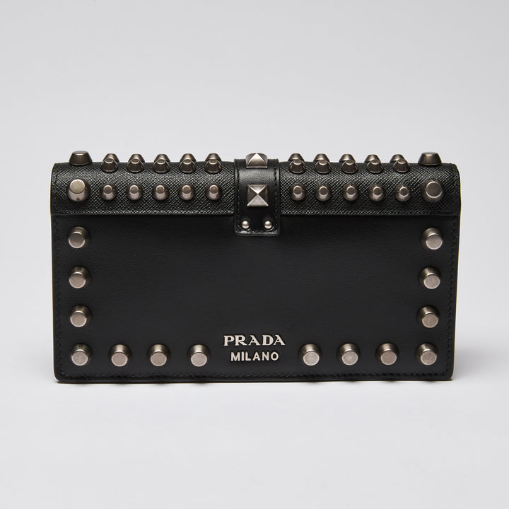 Prada Black City Calf & Saffiano Leather Studded Cahier Crossbody Wallet on Chain