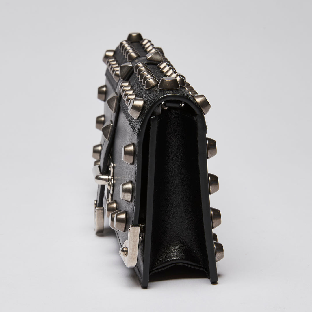 Prada Black City Calf & Saffiano Leather Studded Cahier Crossbody Wallet on Chain