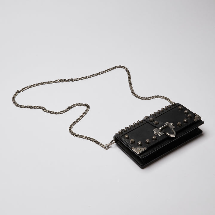 Prada Black City Calf & Saffiano Leather Studded Cahier Crossbody Wallet on Chain
