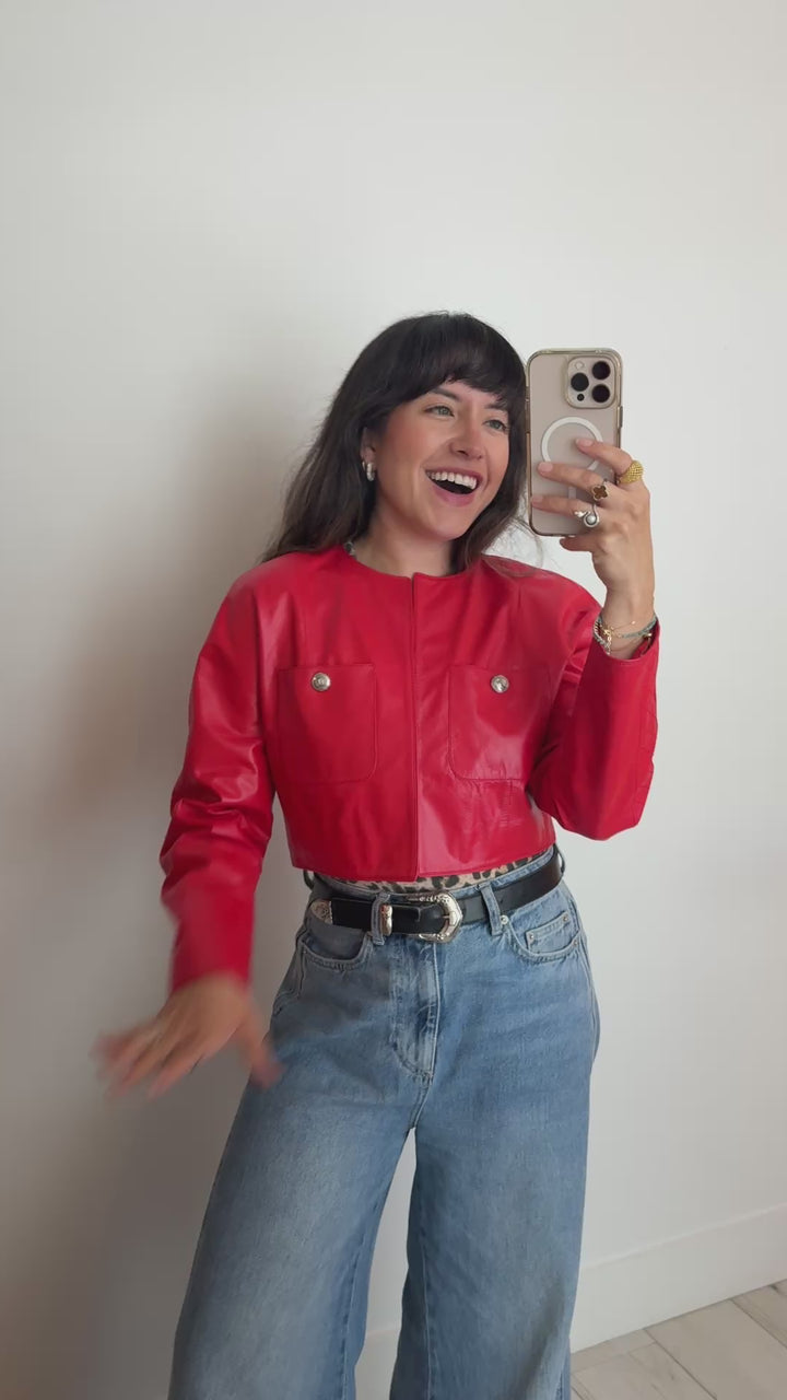 Pre-Loved Chanel™ Red Leather Cropped Jacket with Quilting Detail Size 36