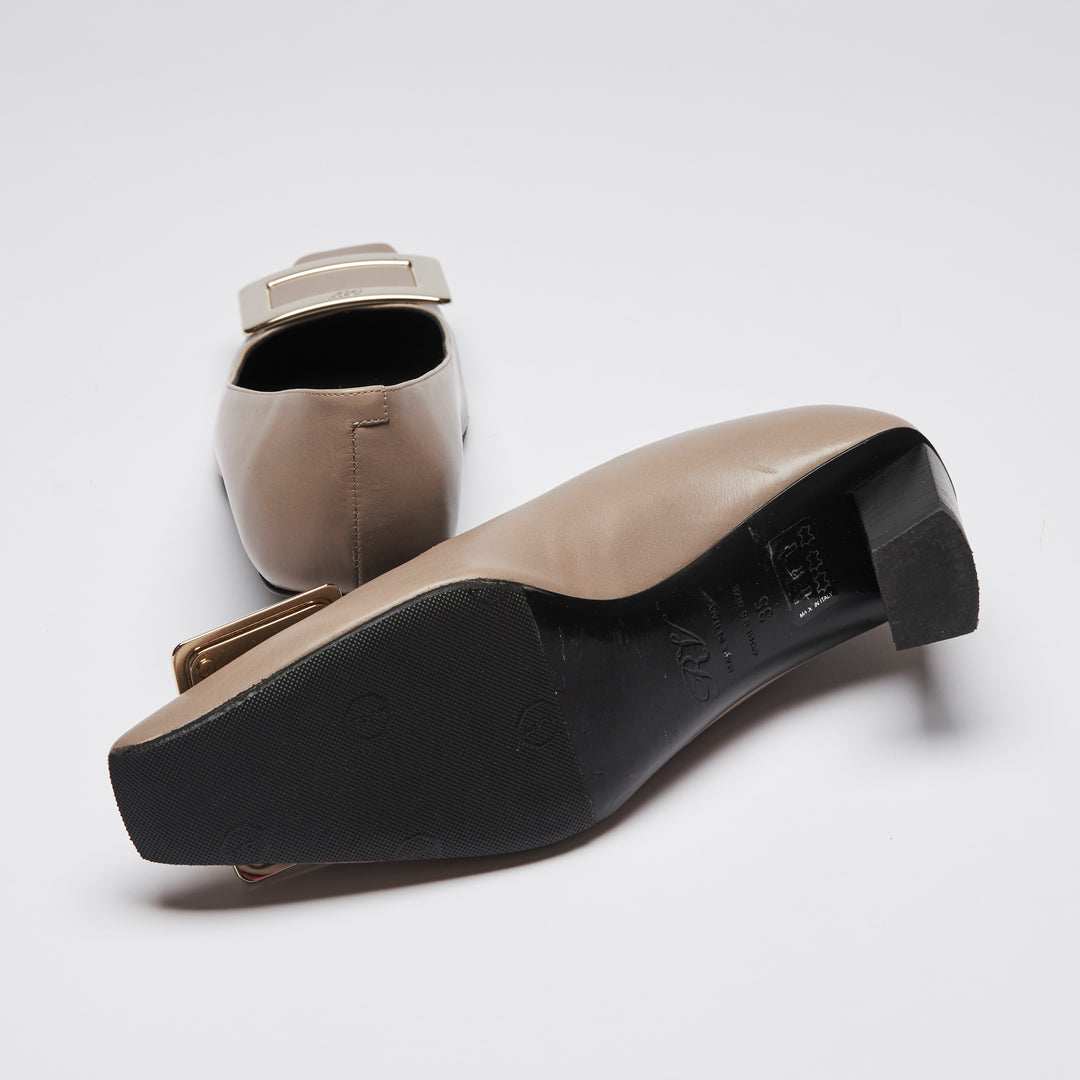 Pre-Loved Taupe Smooth Leather Square Toe Kitten Heels with Black Leather Lining and Silver Buckle Ornament.(bottom)