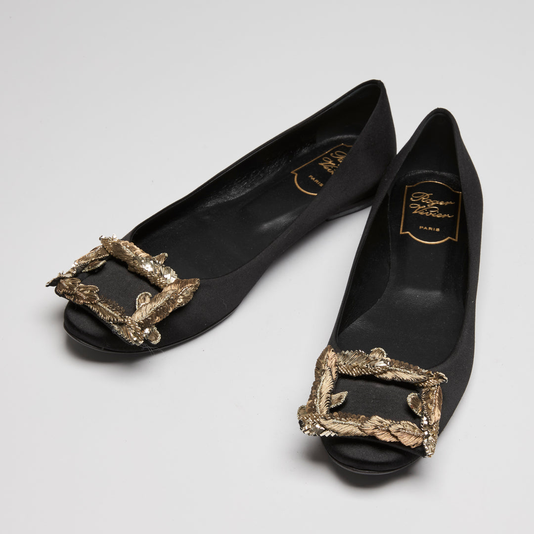 Roger Vivier Black Satin Ballet Flats Size 37