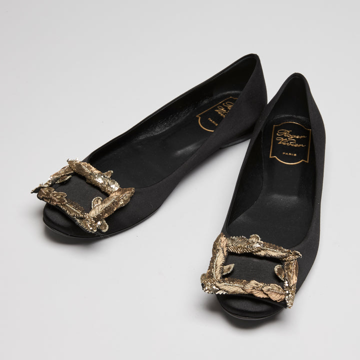 Roger Vivier Black Satin Ballet Flats Size 37