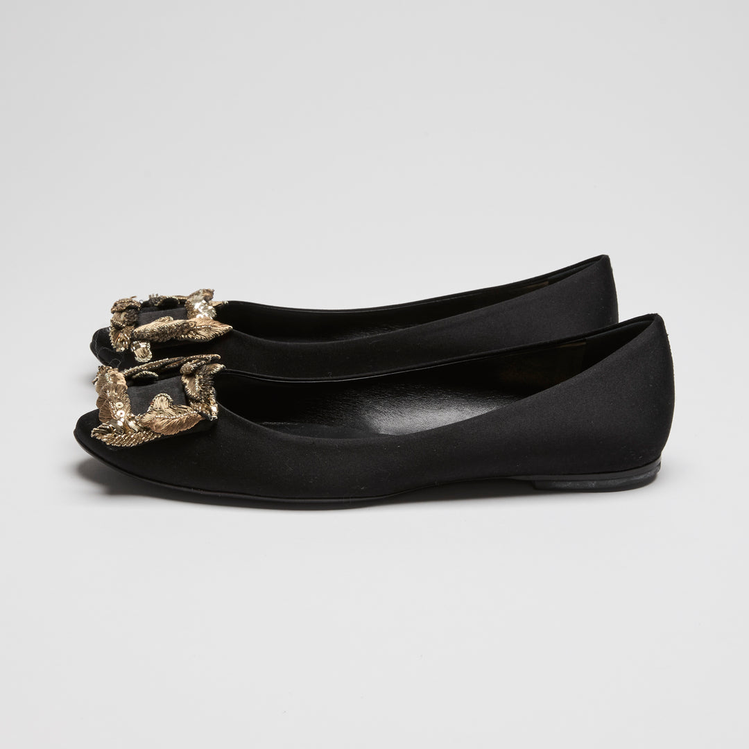 Roger Vivier Black Satin Ballet Flats Size 37