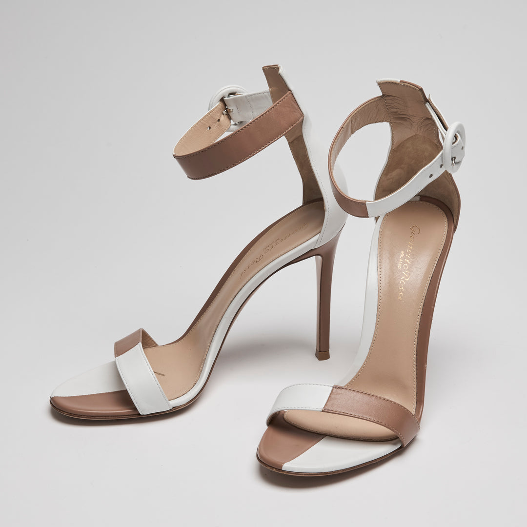 Gianvito Rossi Tan & White Calf Leather Portofino Sandals Size 38.5