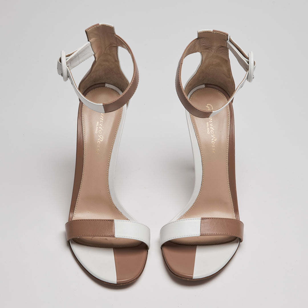 Gianvito Rossi Tan & White Calf Leather Portofino Sandals Size 38.5