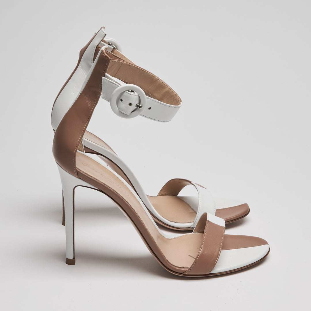 Gianvito Rossi Tan & White Calf Leather Portofino Sandals Size 38.5