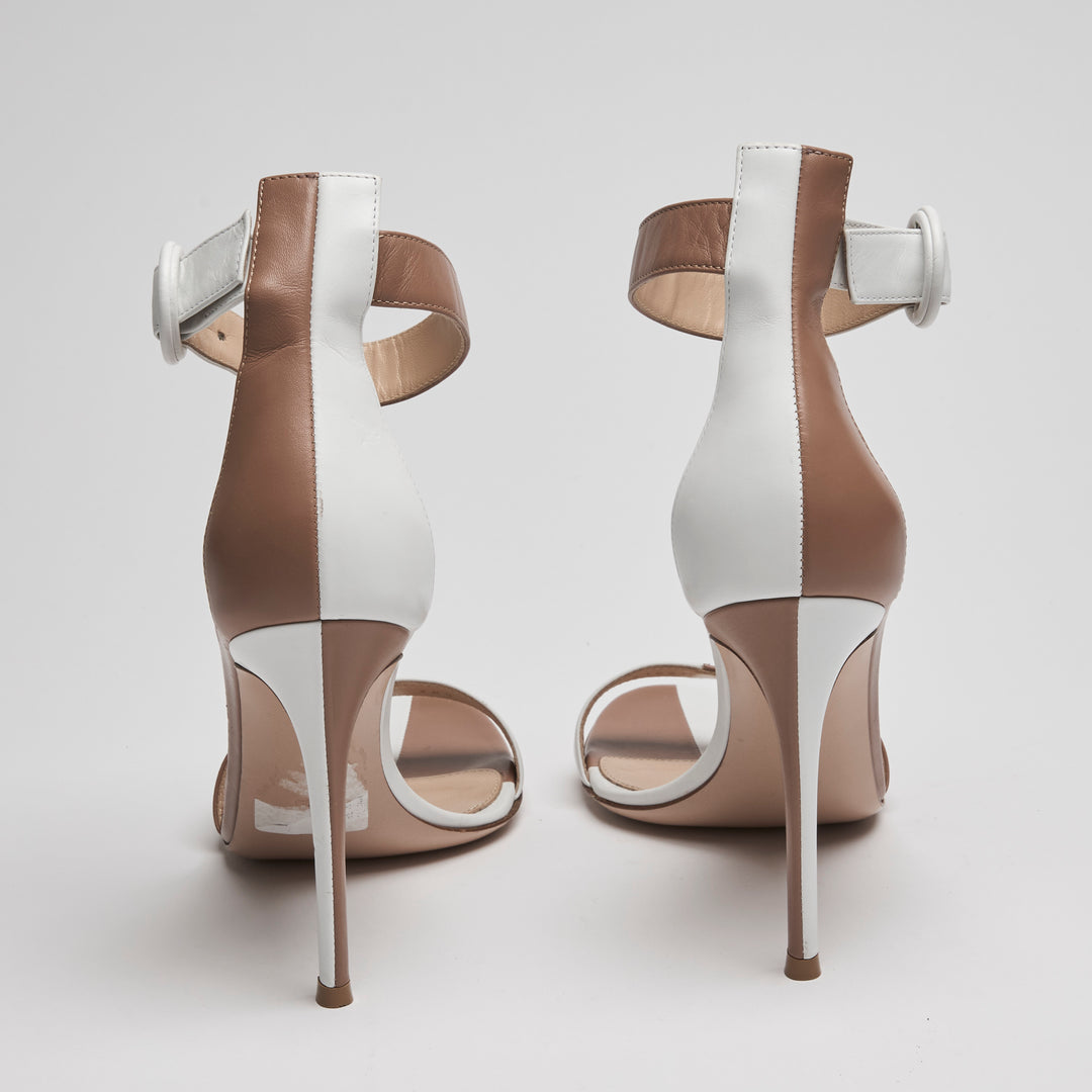 Gianvito Rossi Tan & White Calf Leather Portofino Sandals Size 38.5