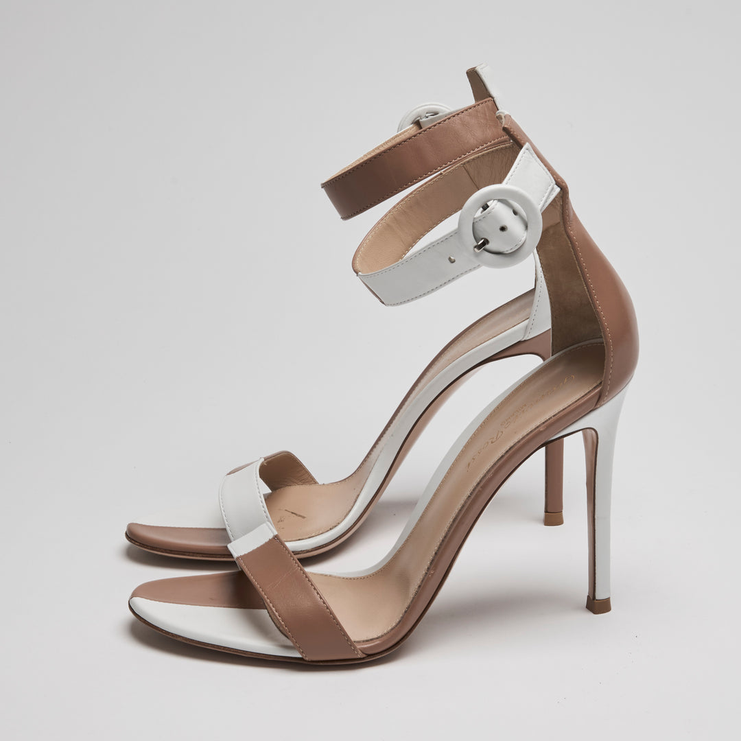 Gianvito Rossi Tan & White Calf Leather Portofino Sandals Size 38.5