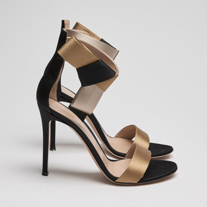 Gianvito Rossi Black Tricolour Satin Geisha Ankle Strap Sandals Size 39