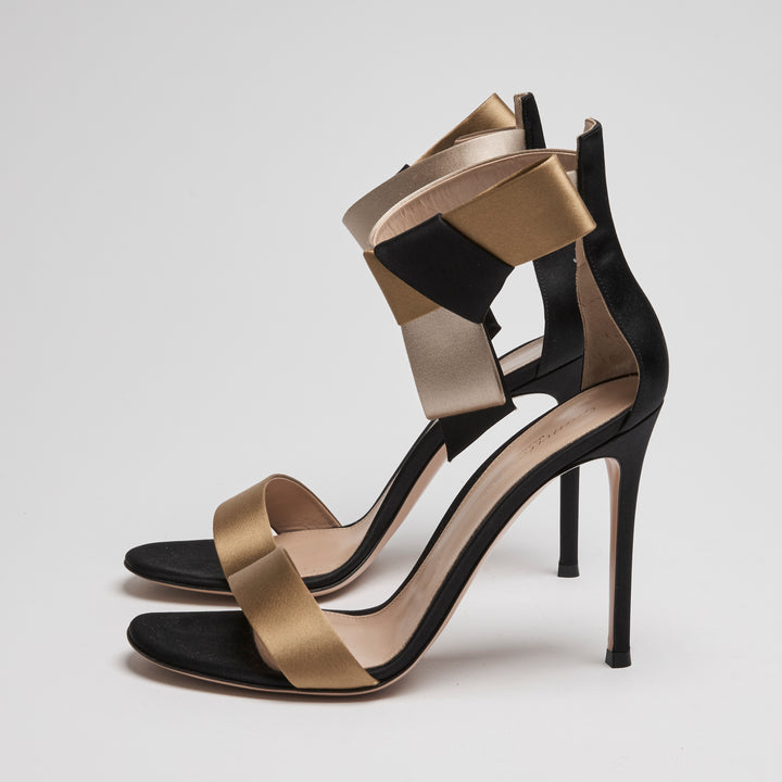 Gianvito Rossi Black Tricolour Satin Geisha Ankle Strap Sandals Size 39