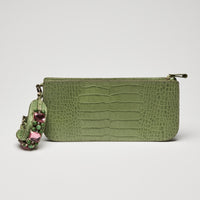 Valentino Green Crocodile Embossed Leather Clutch with Crystal Embellished Wrist Strap
