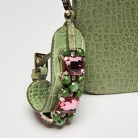 Valentino Green Crocodile Embossed Leather Clutch with Crystal Embellished Wrist Strap