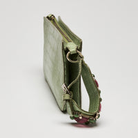 Valentino Green Crocodile Embossed Leather Clutch with Crystal Embellished Wrist Strap