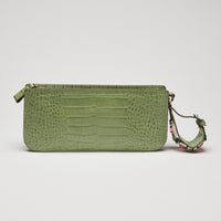 Valentino Green Crocodile Embossed Leather Clutch with Crystal Embellished Wrist Strap