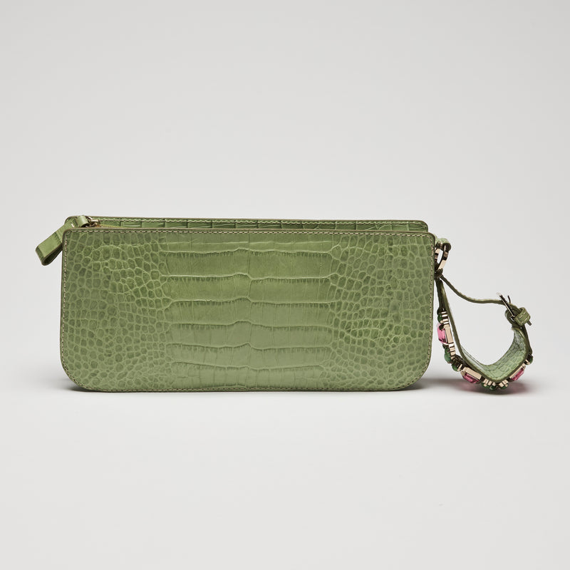 Valentino Green Crocodile Embossed Leather Clutch with Crystal Embellished Wrist Strap