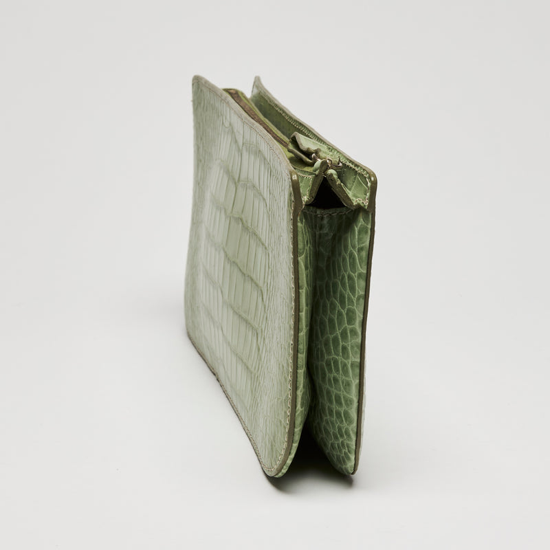 Valentino Green Crocodile Embossed Leather Clutch with Crystal Embellished Wrist Strap
