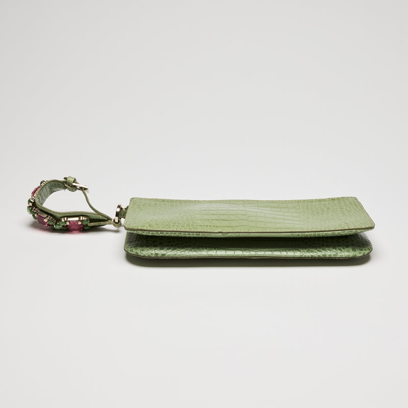 Valentino Green Crocodile Embossed Leather Clutch with Crystal Embellished Wrist Strap
