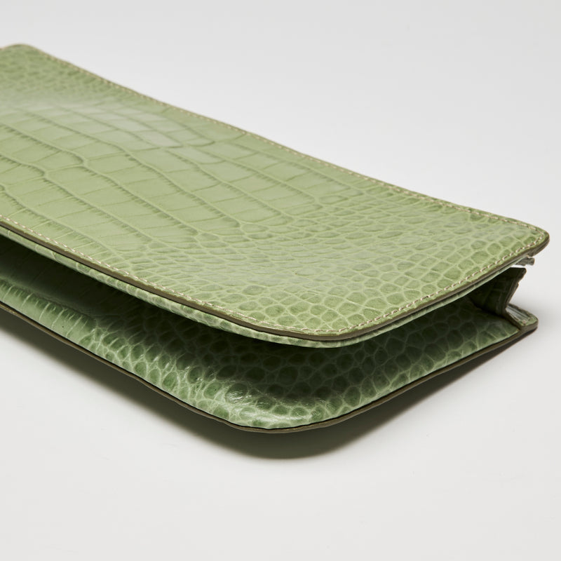 Valentino Green Crocodile Embossed Leather Clutch with Crystal Embellished Wrist Strap