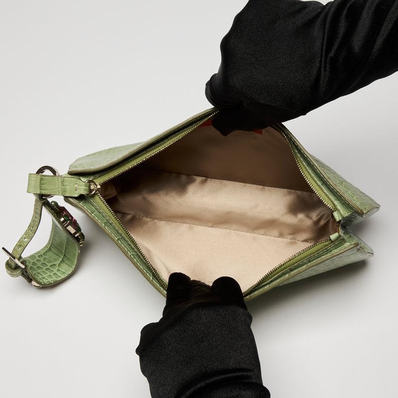 Valentino Green Crocodile Embossed Leather Clutch with Crystal Embellished Wrist Strap