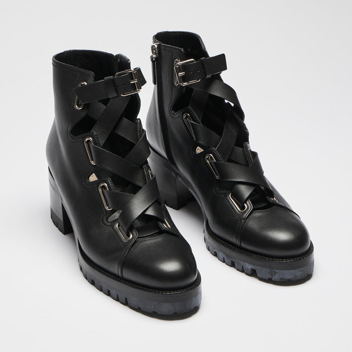 Excellent Pre-Loved Black Leather Lace Up Ankle Boots with Silver Tone Hardware and Inside Zip. (Front)