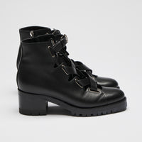 Excellent Pre-Loved Black Leather Lace Up Ankle Boots with Silver Tone Hardware and Inside Zip. (side)