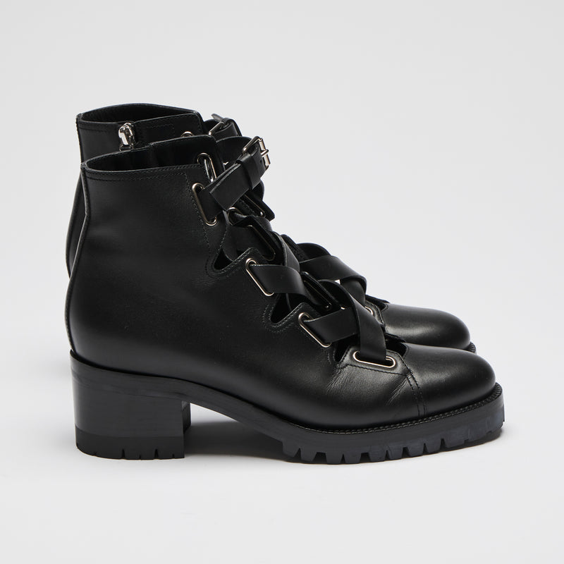 Excellent Pre-Loved Black Leather Lace Up Ankle Boots with Silver Tone Hardware and Inside Zip. (side)