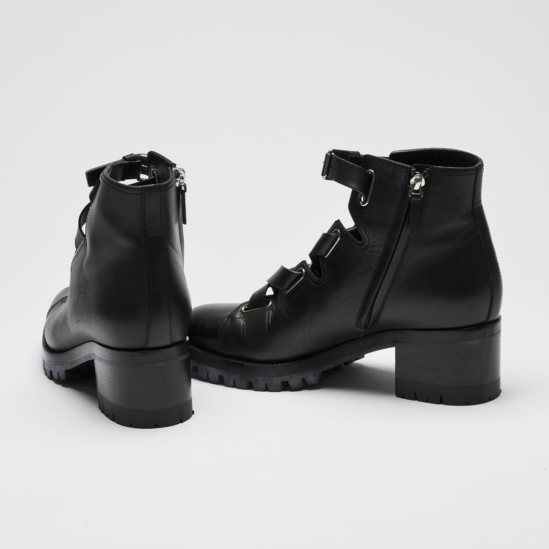 Excellent Pre-Loved Black Leather Lace Up Ankle Boots with Silver Tone Hardware and Inside Zip.(back)
