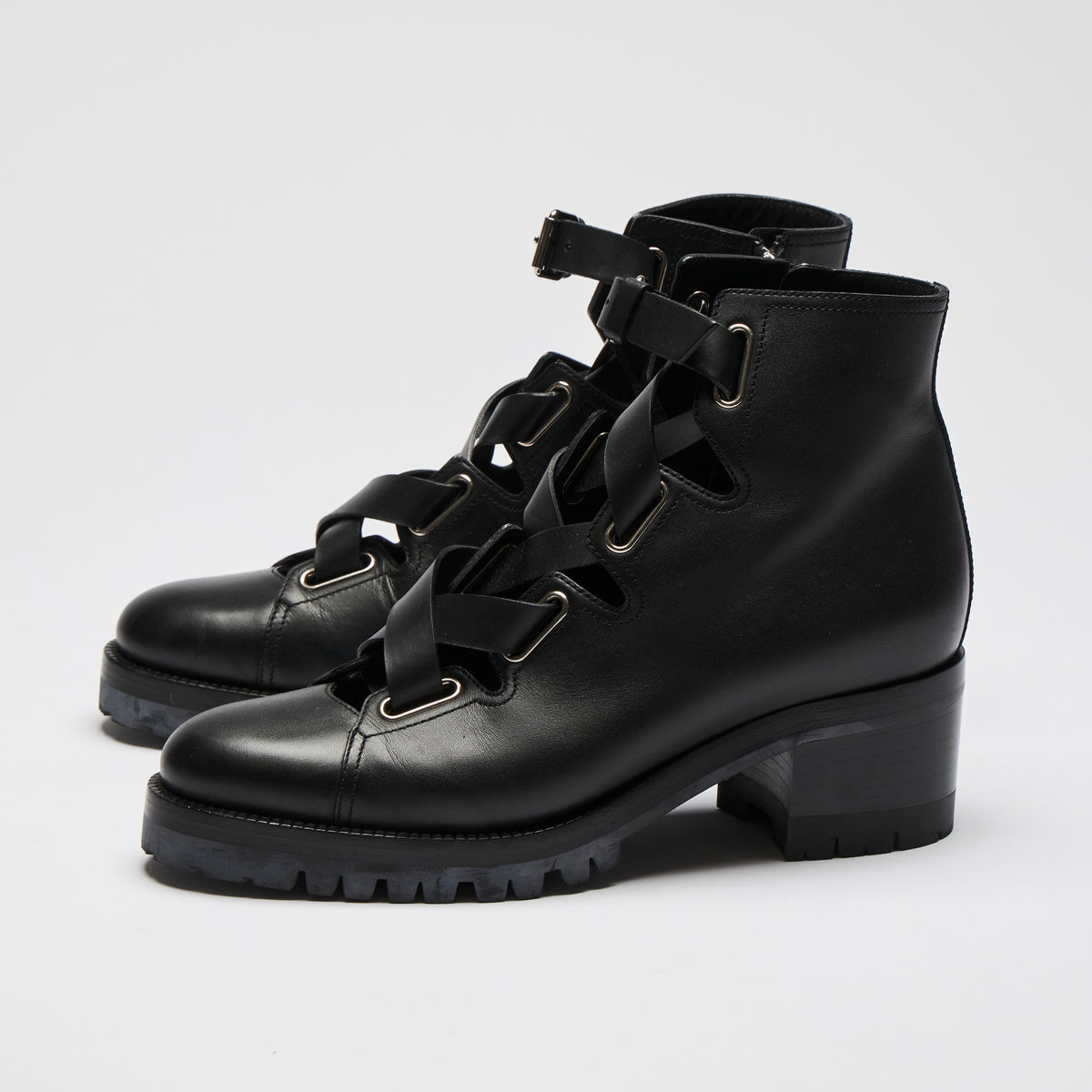 Excellent Pre-Loved Black Leather Lace Up Ankle Boots with Silver Tone Hardware and Inside Zip.(side)