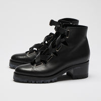Excellent Pre-Loved Black Leather Lace Up Ankle Boots with Silver Tone Hardware and Inside Zip.(side)