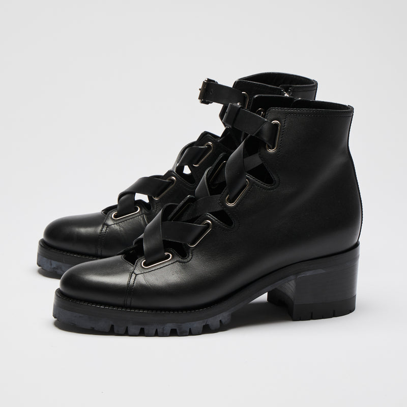 Excellent Pre-Loved Black Leather Lace Up Ankle Boots with Silver Tone Hardware and Inside Zip.(side)