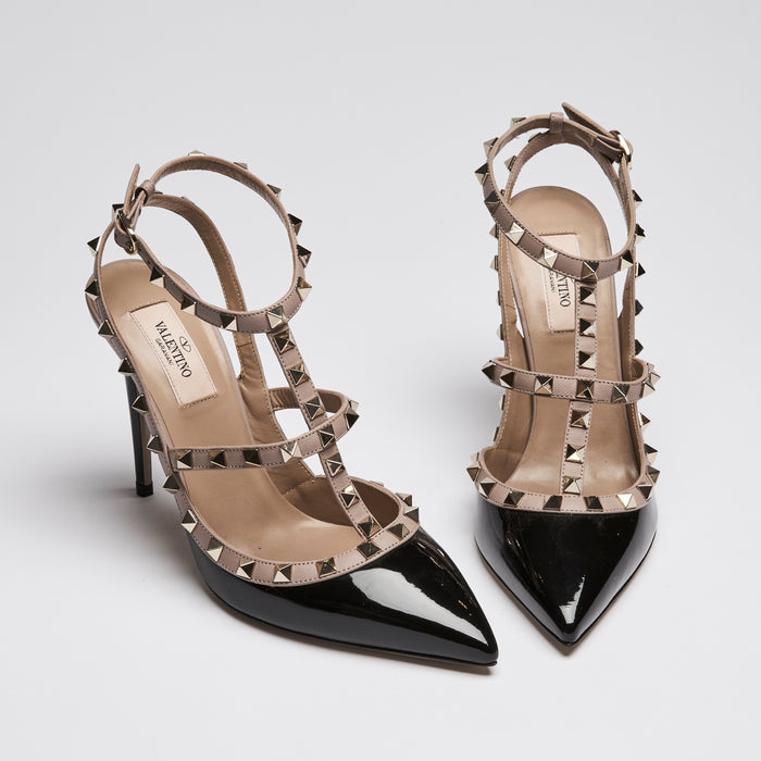 Valentino Black Patent Leather Rockstud Heel Sandals Size 39