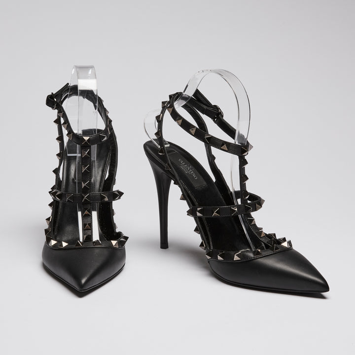 Valentino Black Brushed Leather Rockstud Heel Sandals Size 41