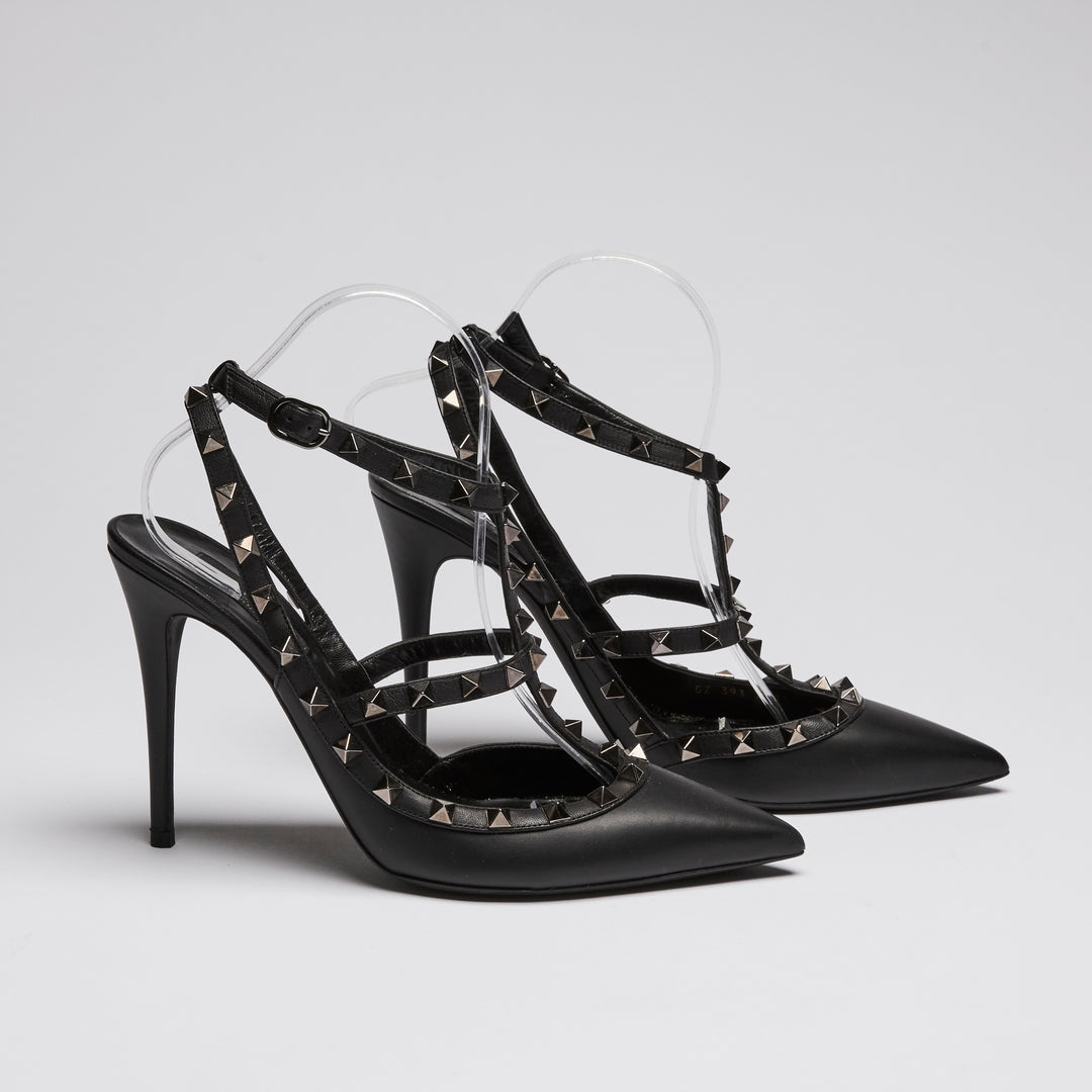 Valentino Black Brushed Leather Rockstud Heel Sandals Size 41