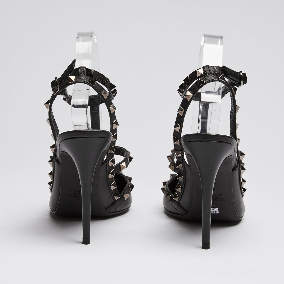 Valentino Black Brushed Leather Rockstud Heel Sandals Size 41