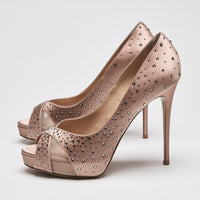 Valentino Dusty Pink Satin Peep Toe Pumps with Crystal Embellishments Size 38.5