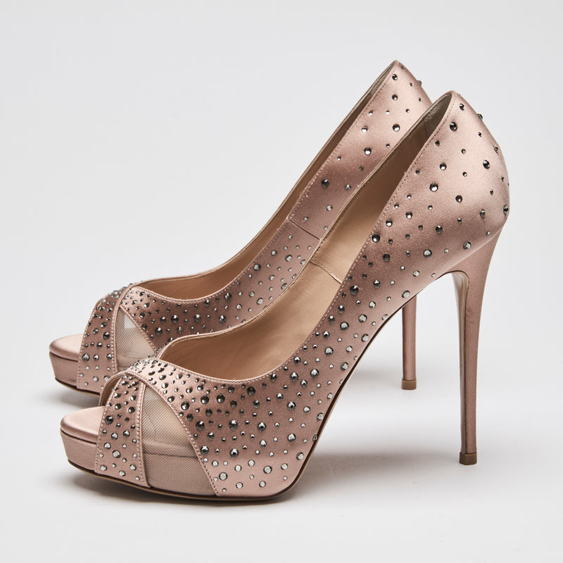 Valentino Dusty Pink Satin Peep Toe Pumps with Crystal Embellishments Size 38.5