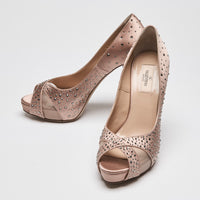 Valentino Dusty Pink Satin Peep Toe Pumps with Crystal Embellishments Size 38.5