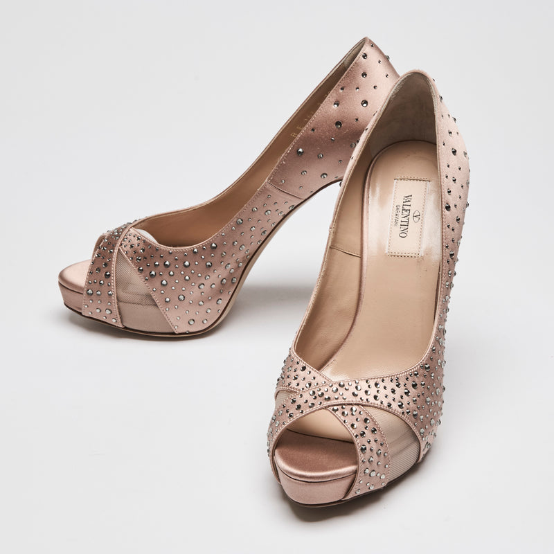 Valentino Dusty Pink Satin Peep Toe Pumps with Crystal Embellishments Size 38.5