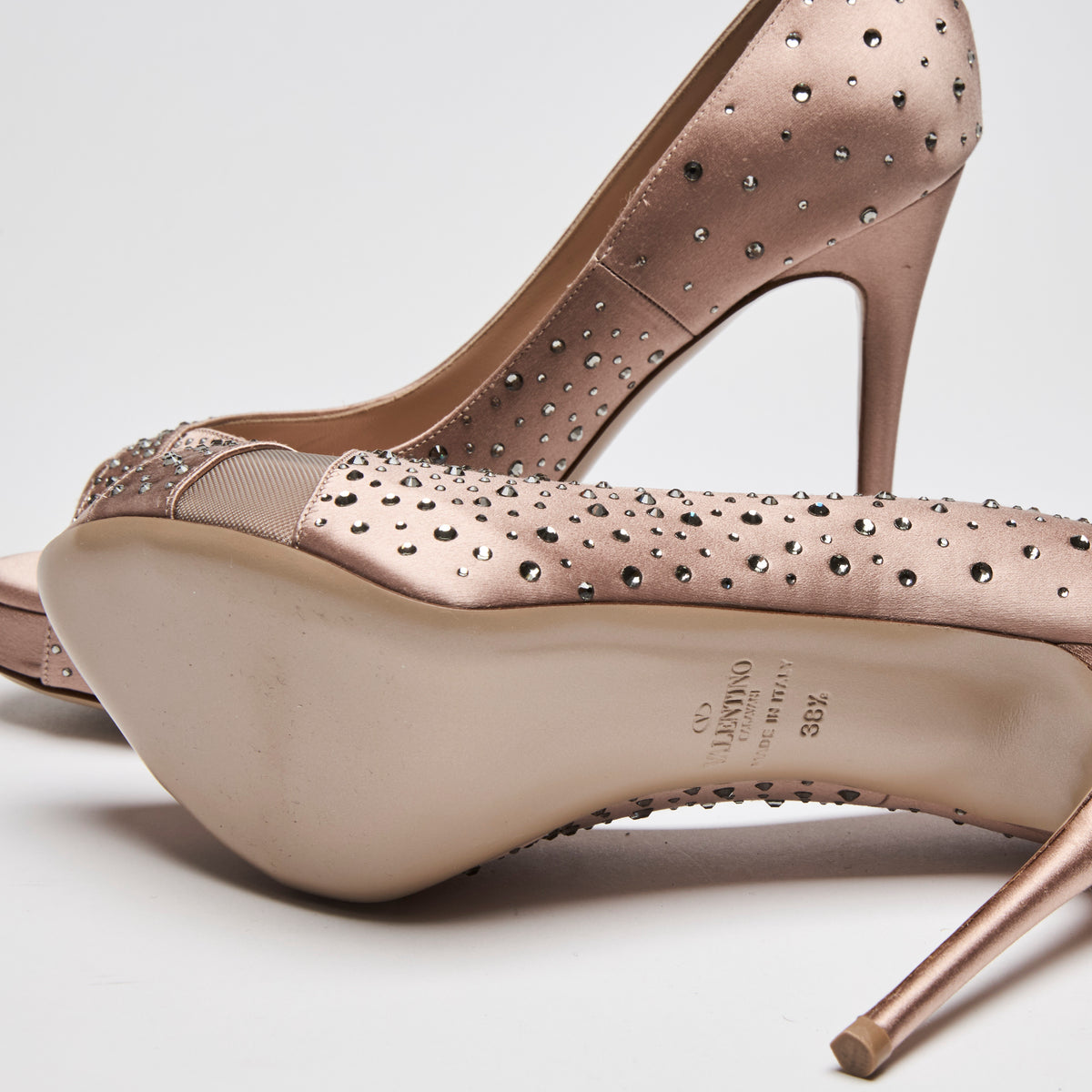 Valentino Dusty Pink Satin Peep Toe Pumps with Crystal Embellishments Size 38.5