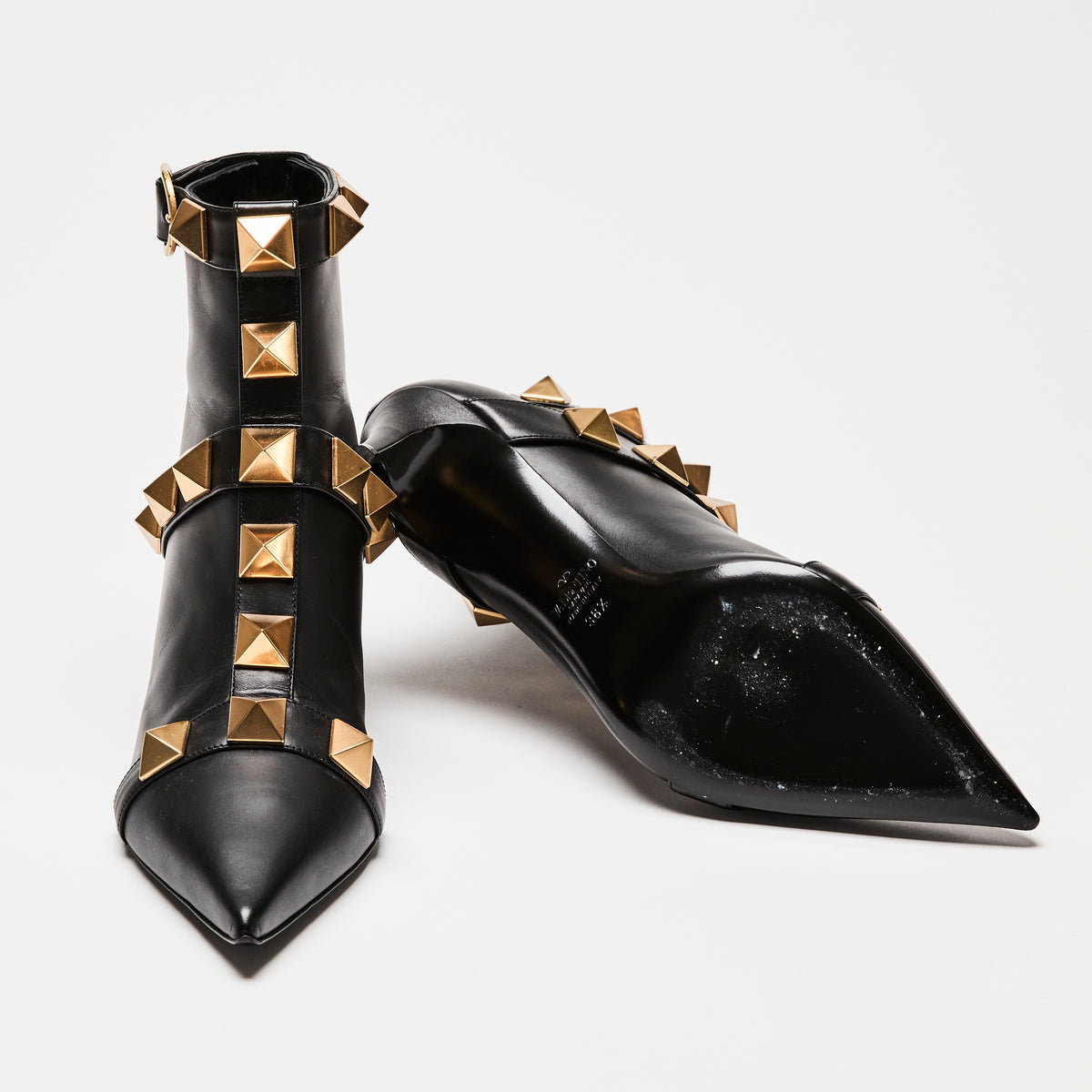 Valentino Black Leather Gold Roman Stud Boots Size 38.5