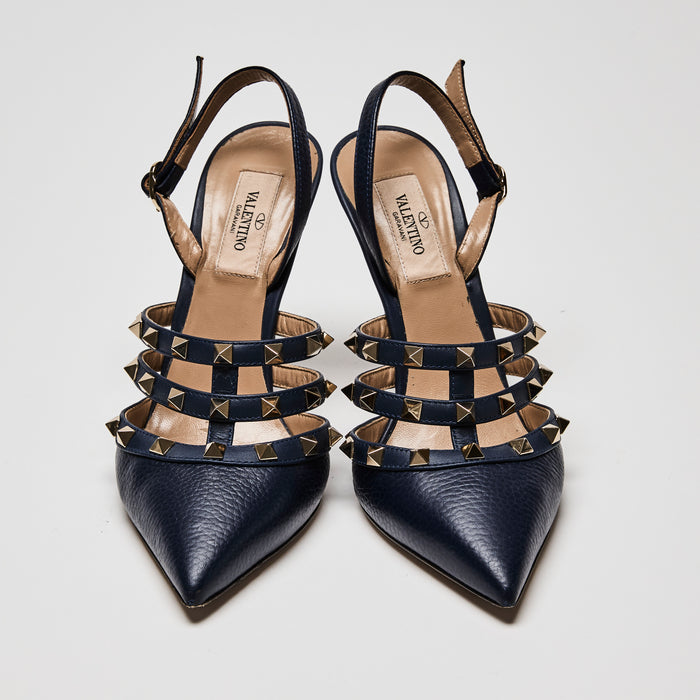 Valentino Navy Leather Rockstud Caged Slingback Pumps Size 38.5