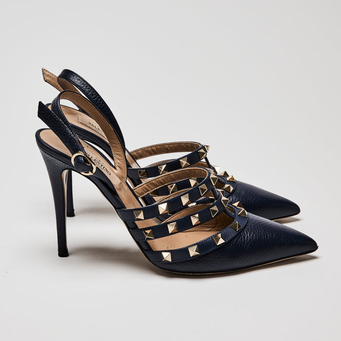 Valentino Navy Leather Rockstud Caged Slingback Pumps Size 38.5